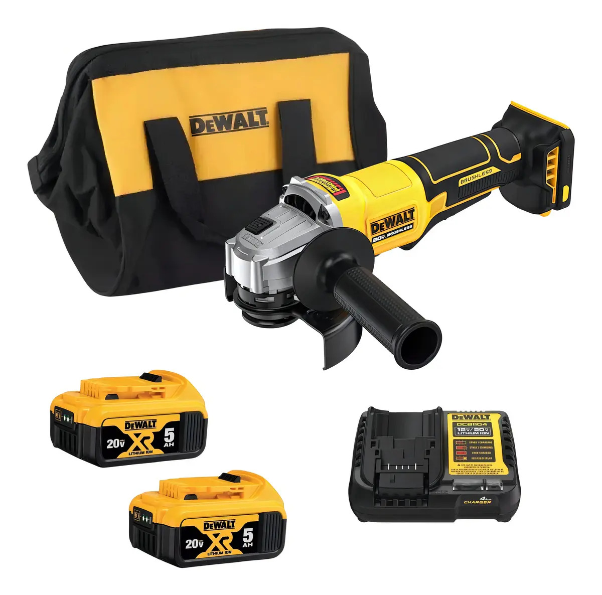 ESMERILHADEIRA ANGULAR 4-1/2” (115MM) 20V BRUSHELESS, 2 BATERIAS 5AH (DCB205) CARREGADOR BIVOLT (DCB1104) E BOLSA