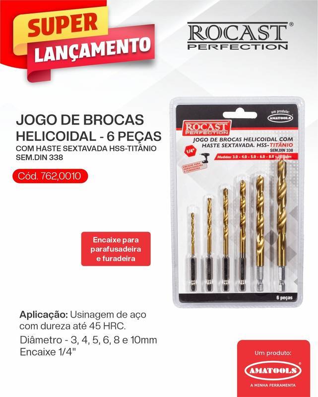 JG Brocas Haste Sextavada Titanio 6 Peças