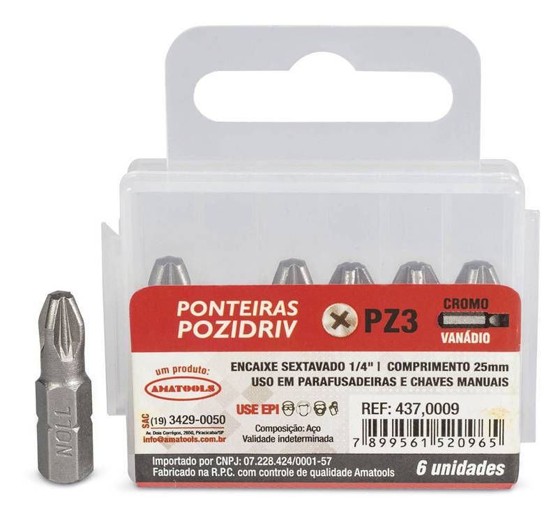 Ponteira de Parafusadeira (Bits) PZ3 X 25 MM 6 Unidade