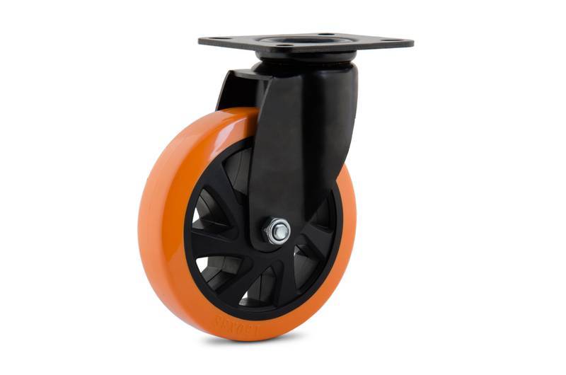 GLPB.614.PU.E (4795) Rod.preto 150MM Gir.pl 113X100 R. PU C/Rol.esf.laranja (4795