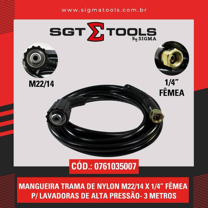 Mangueira Trama Nylon (M22/14 X 1/4" Femea) P/ Lavadoras Alta Pressao - 3 Metros