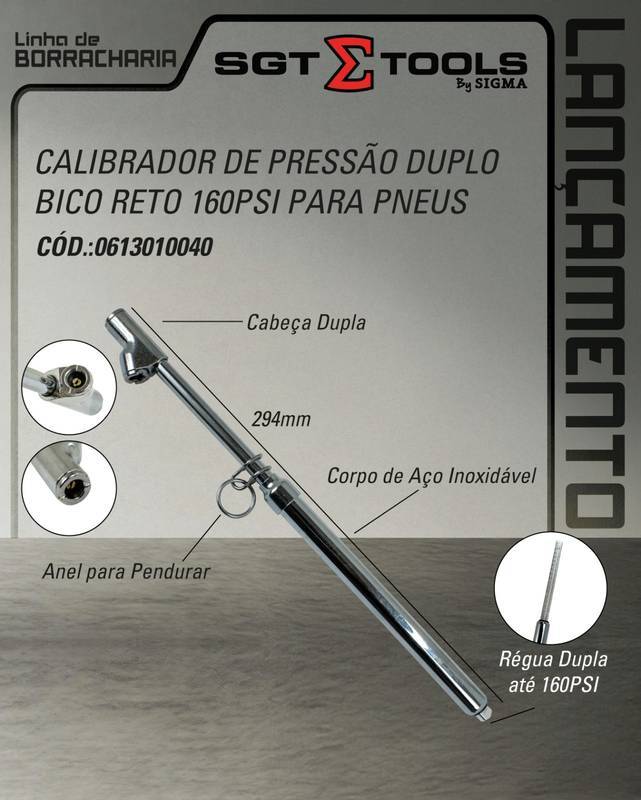 Calibrador de Pressao Duplo Bico Reto 160PSI para Pneus