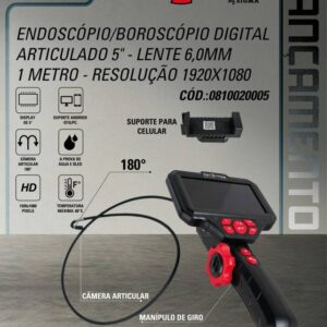 Endoscopio/Boroscopio Digital Articulado 5" - Lente 6,0MM - 1 Metro - Resolucao 1920X1080