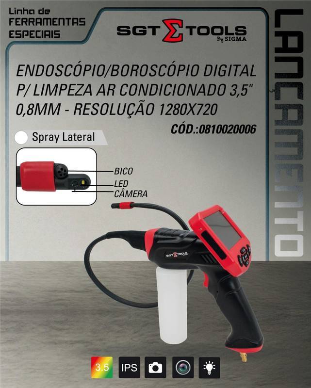 Endoscopio/Boroscopio Digital P/ Limpeza AR Condicionado 3,5" - 0,80M - Resolucao 1280X720