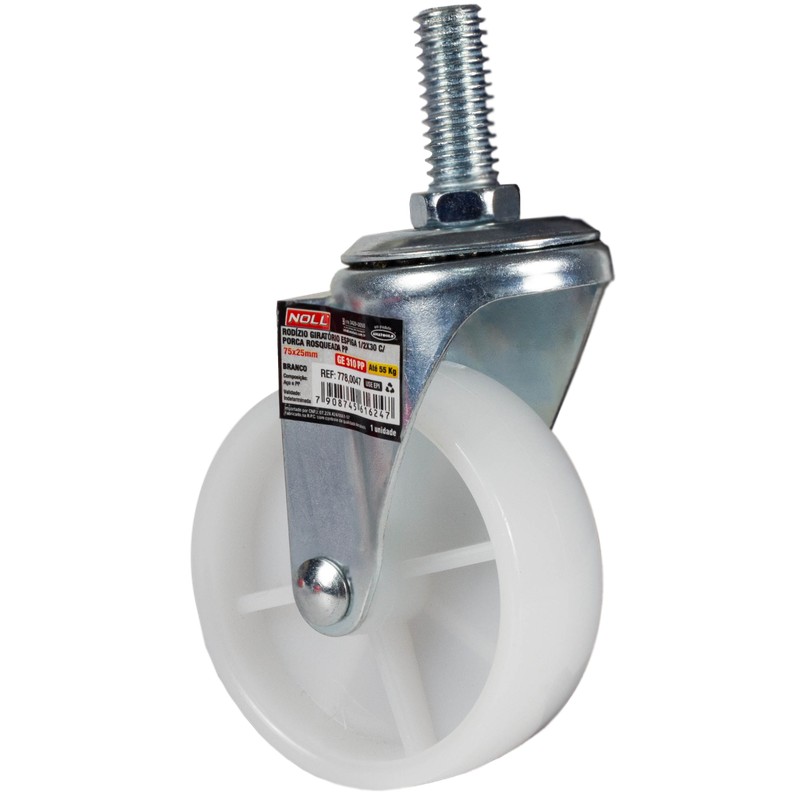 Rodízio Giratório Espiga C/Porca Rosqueada 75 MM Branco GE 310 PP