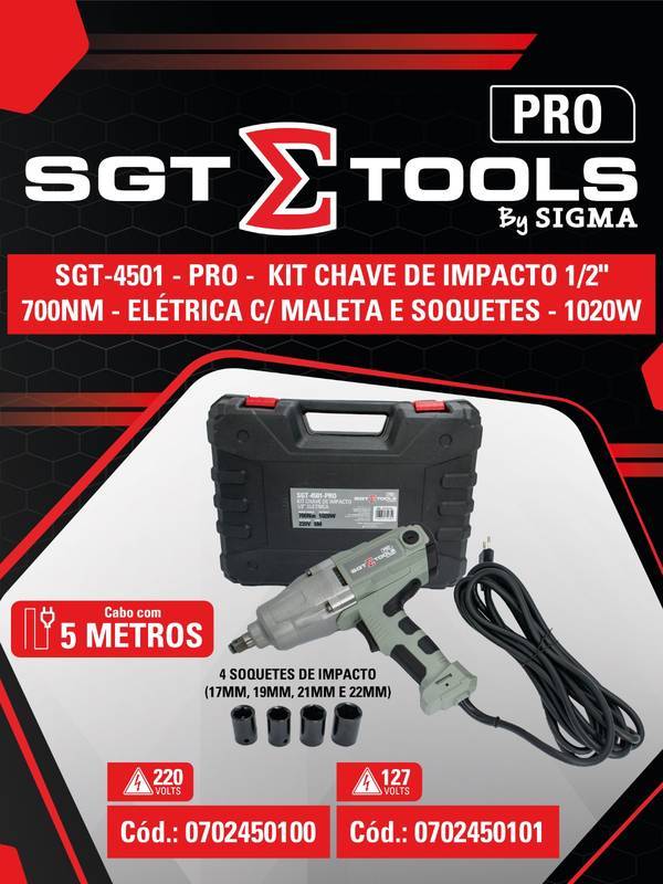 SGT-4501 - Pro - 127V - KIT Chave de Impacto 1/2" - 700NM - Eletrica C/ Maleta e Soquetes