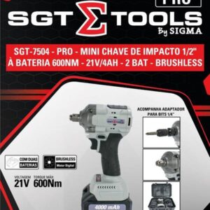 SGT-7504 - Pro - Mini Chave de Impacto 1/2" a Bateria 600NM - 21V/4AH - 2 Bat - Brushless