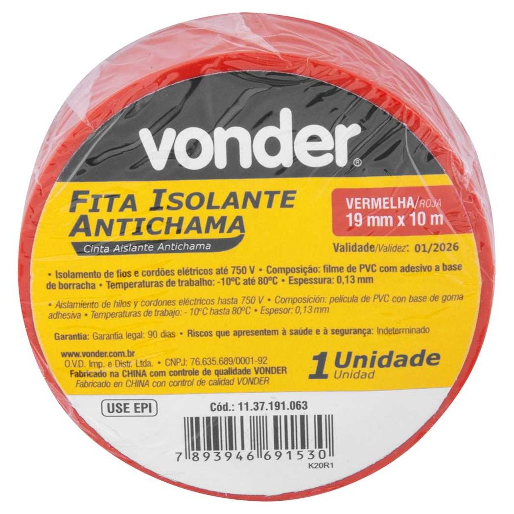 Fita Isolante Vermelha - 19MMX10M