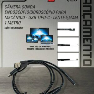 Camera Sonda Endoscopio/Boroscopio para Mecanica USB Tipo-C - Lente 5,5MM - 1 Metro
