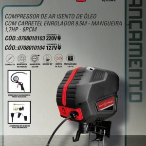 127V - Compressor de AR Isento de Oleo com Carretel Enrolador 9,5M - Mangueira - 1,7HP - 6PCM