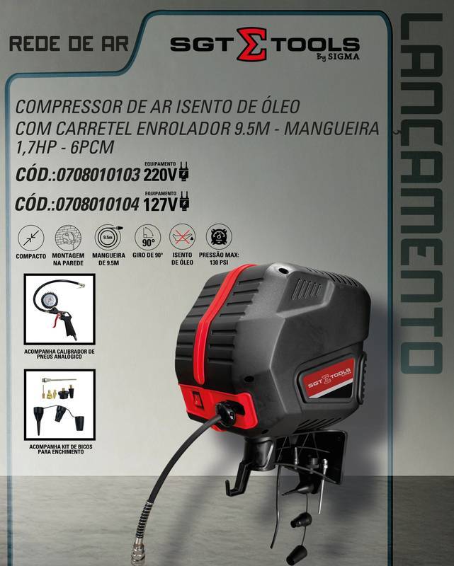 127V - Compressor de AR Isento de Oleo com Carretel Enrolador 9,5M - Mangueira - 1,7HP - 6PCM