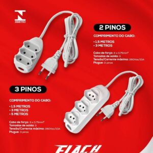 Extensão Flach - 3 Tomadas - 2 Pinos - 1,5M - 10A Bivolt