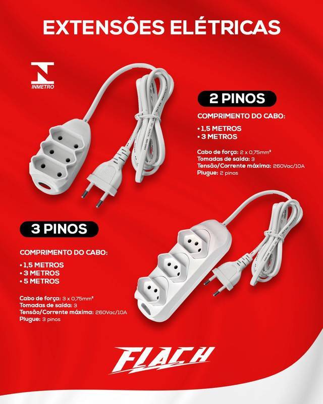 Extensão Flach - 3 Tomadas - 3 Pinos - 5M - 10A Bivolt