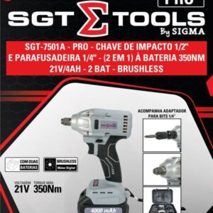 SGT-7501A - Pro - Chave de Impacto 1/2" e Parafusadeira 1/4" (2 em 1) a Bateria 350NM - 21V/4AH - 2