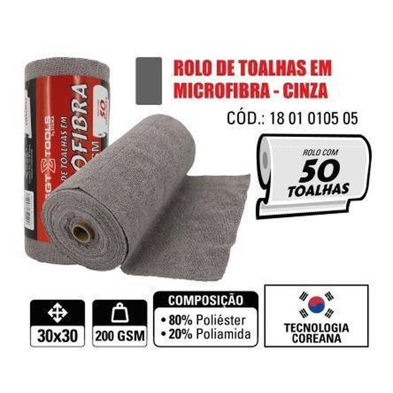 Rolo de Toalhas em Microfibra 30X30 - 200GSM - 50 UN - Cinza