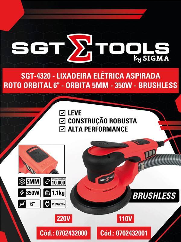 SGT-4320 - 220V - Lixadeira Eletrica Aspirada Roto Orbital 6" - Orbita 5MM - 350W - Brushl