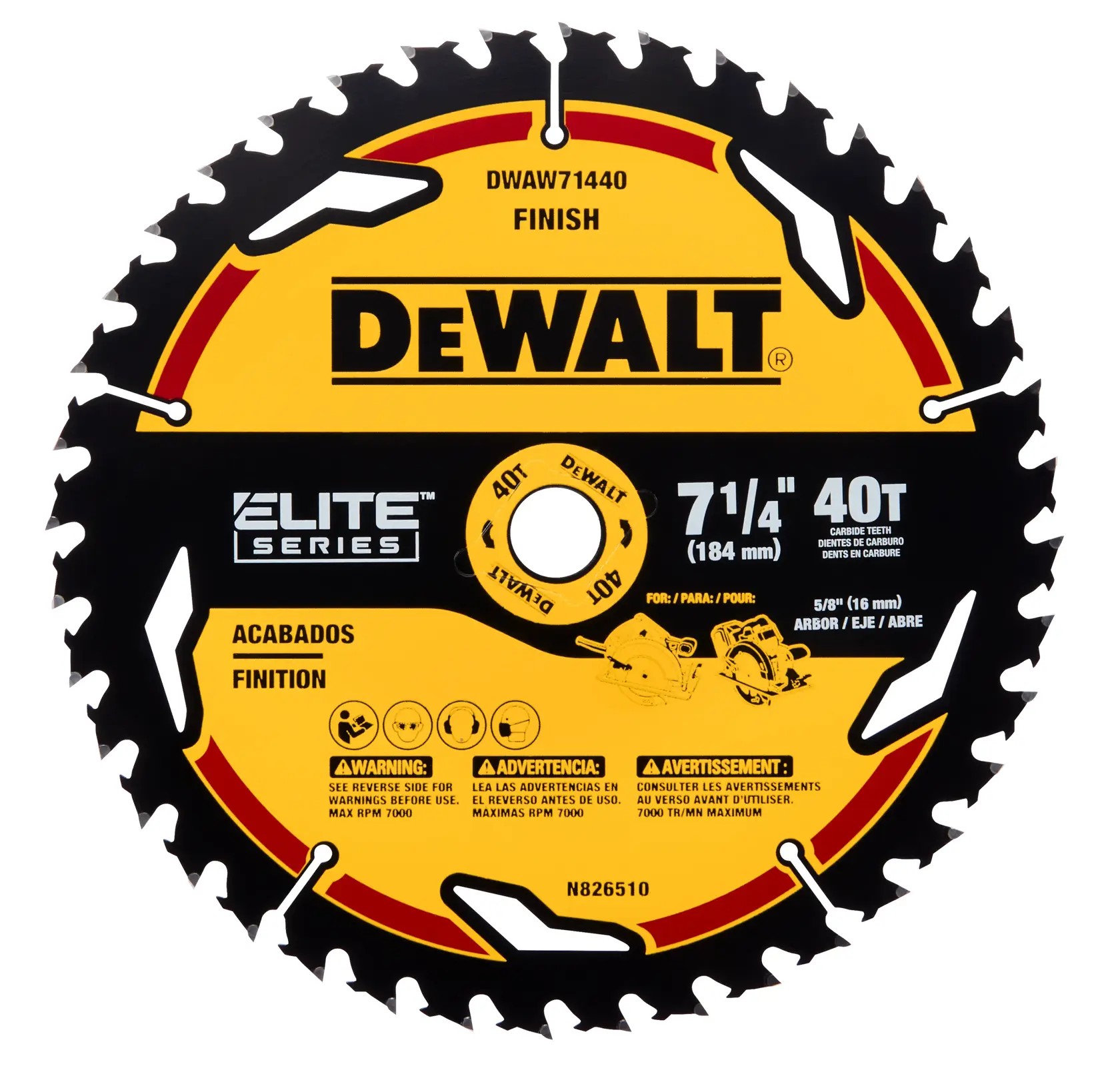 DEWALT DWAW71440 — Lâmina Serra Circular - Elite Series - 7 1/4" - 40D - Furo de 5/8" (16MM) ACABAMENTO Fino em Madeira e Madeira C/ Pregos