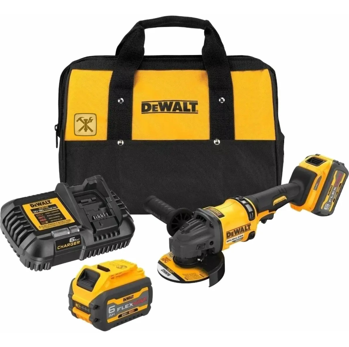 DEWALT DCG418T2-BR — Esmerilhadeira Angular 5" (127MM) 60V Max* Flexvolt LI-Ion, Brushless 2 Bat 6AH, (DCB606) Carreg 127V (DCB1106) e Bolsa