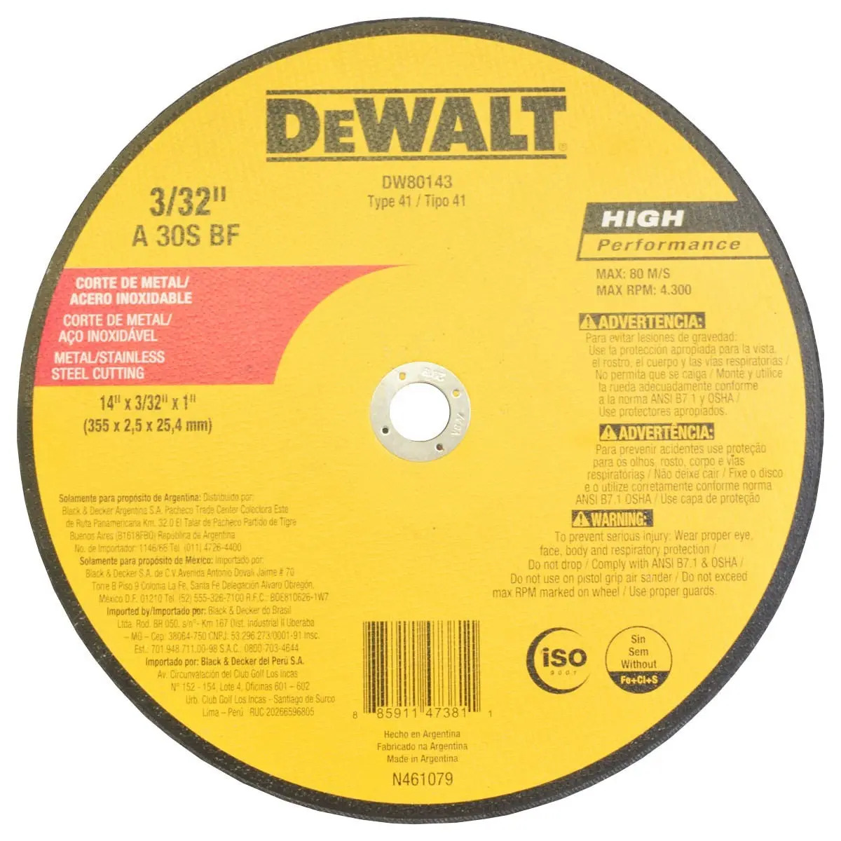 DEWALT DW80143 — Disco de Corte - Metal / INOX 14" X 2,5MM X 1"