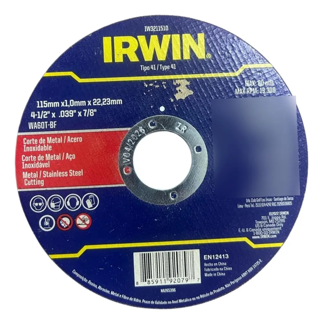 IRWIN IW3211510 — Disco de Corte 115 X 1,0 X 22,2MM