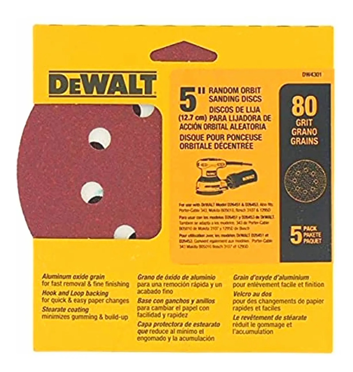 DEWALT DW4301X — 5 Discos Lixa 5" Grão 80 Grosso 8 Furos