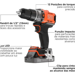 Black+decker BCD383D1XC-BR — Parafuradeira/ Furadeira C/ Impacto 1/2" (13MM) 20 Max* LI-Ion, 1 Bat, 2,0AH e Carreg Bivolt