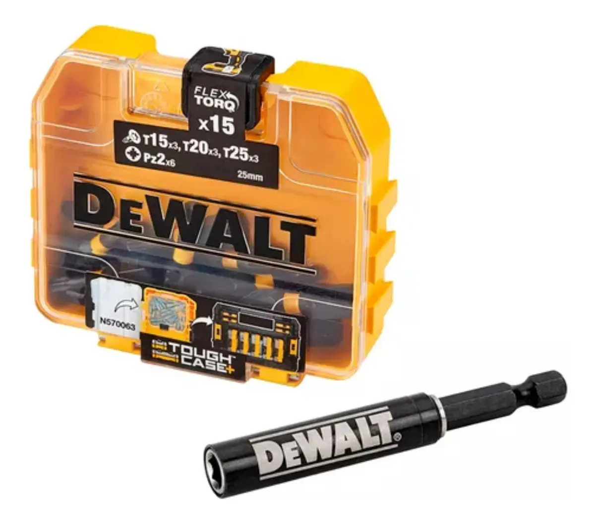 DEWALT DT70522T-QZ — Jogo de Bits Flextorq 16 PCS (15 Bits de 1": 3X T15, 3X T20, 3X T25, 6X PZ2; 1 Guia Magnética 3")