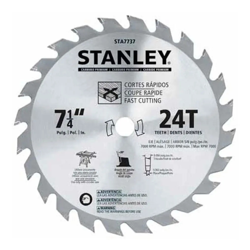STANLEY STA7737 — Lâmina de Serra Circular 7-1/4" 24 Dentes - Furo 5/8" (16MM) - Corte Rápido Madeira