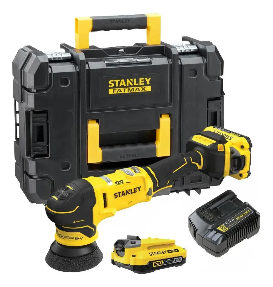 STANLEY SBE130D2T-BR — Politriz Roto Orbital 3" (76MM) 20V Max* LI-Ion Brushless 2 Bat 2AH (SB202) Carreg. Bivolt (SC200) e Maleta Pro Stack