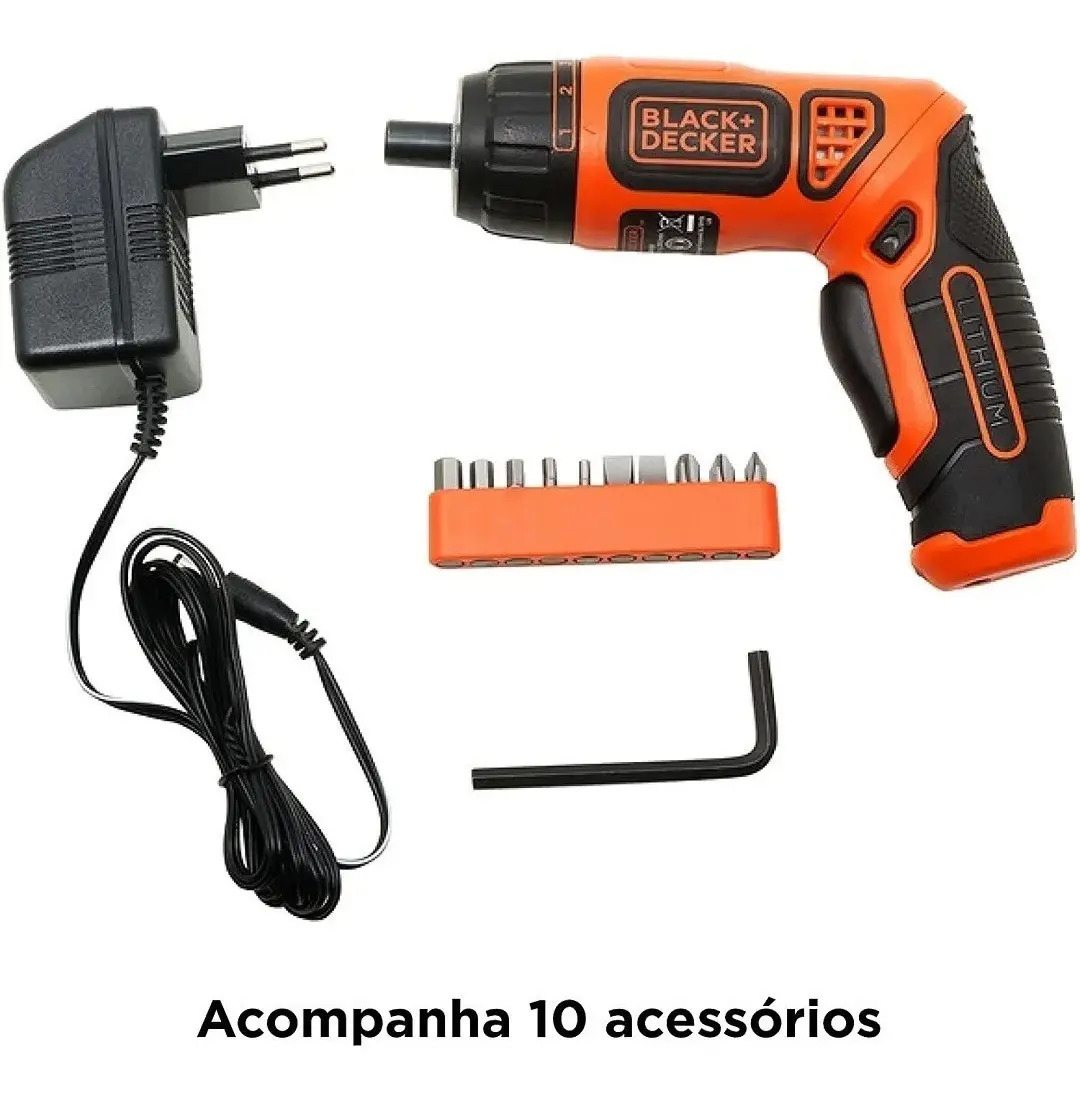 Black+decker BDCS36F-BR — Parafusadeira 1/4" (6,35MM) 3,6V LI-Ion com Led Bivolt 10 Acessórios + Blister