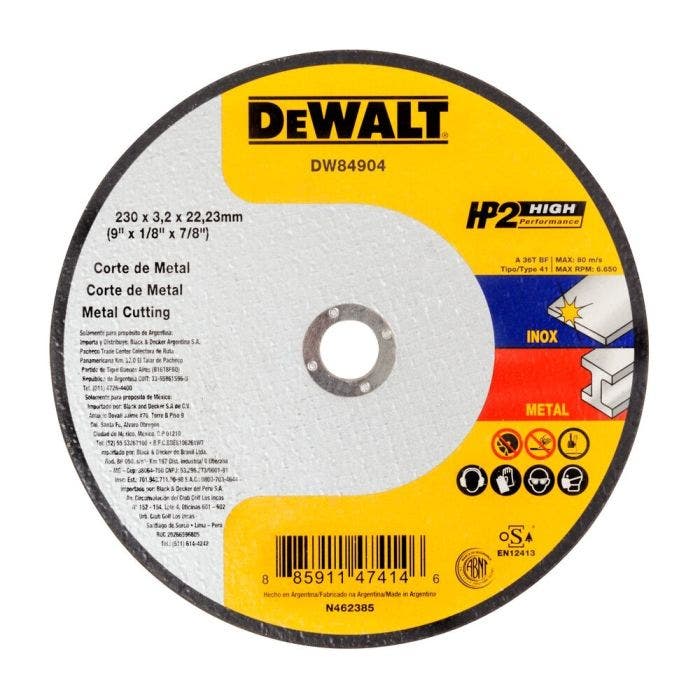 DEWALT DW8067-AR — Disco de Corte Fino - Metal / INOX 9" X 2,0MM X 7/8"